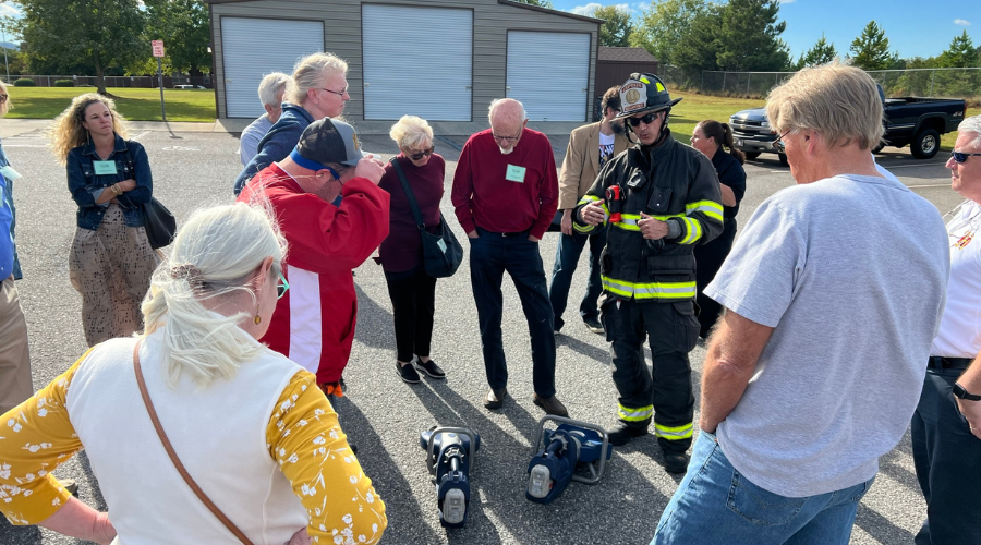 Hickory 101 participants learn about life-saving equipment used by Hickory firefighters.