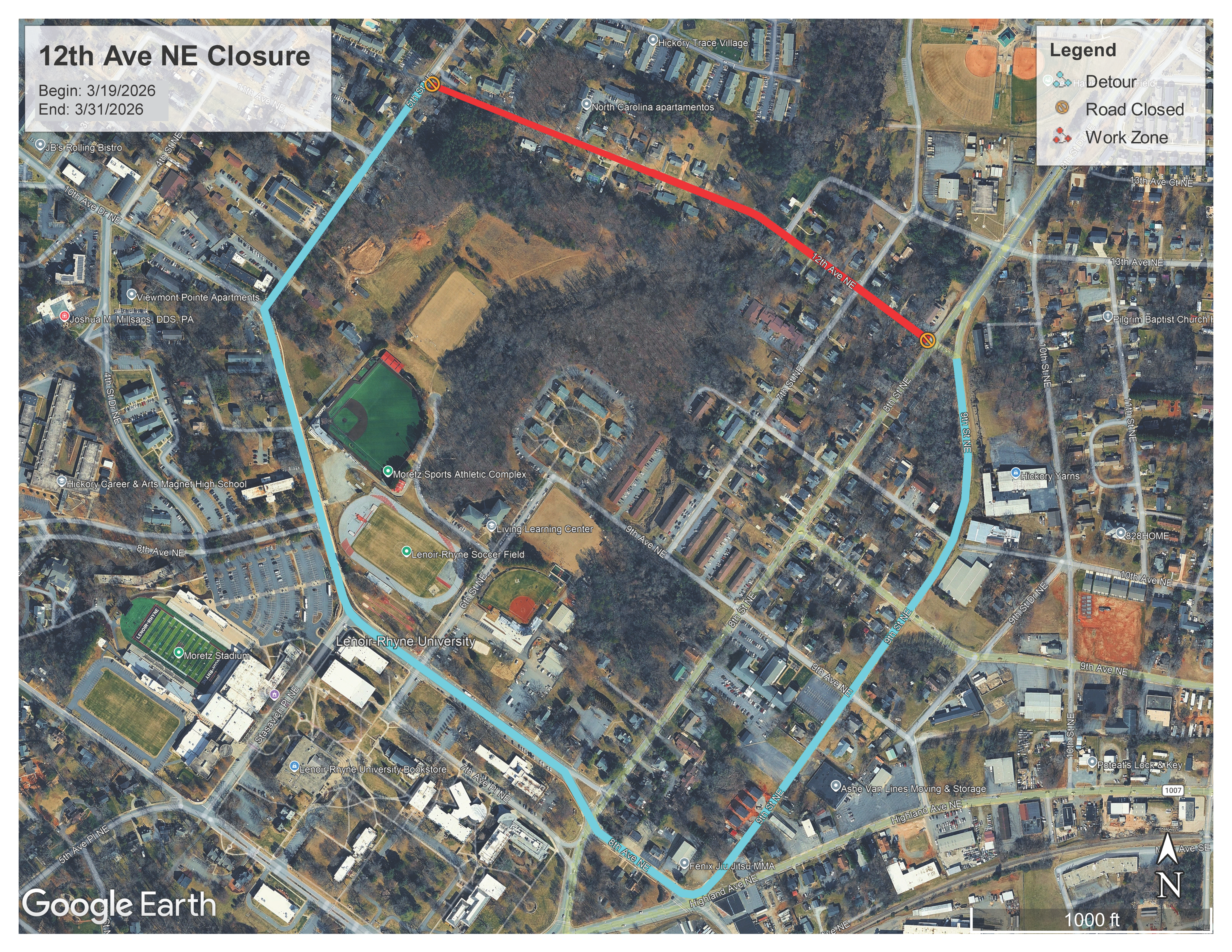 Aerial map showing the detour route for the 12th Ave NE road closure