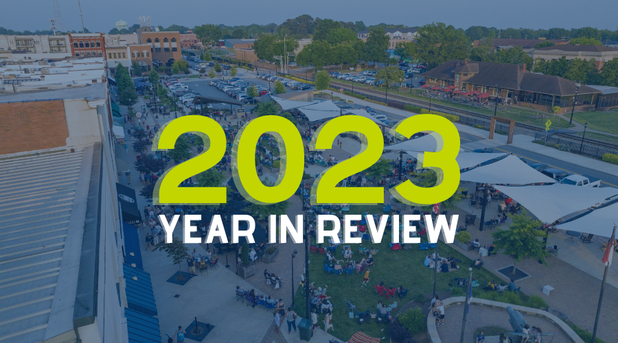 aerial photo of downtown with text 2023 year in review