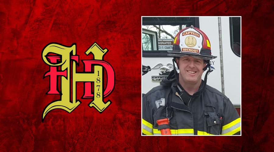 Photo of Hickory Fire Captain Nick Reese with the HFD logo on a red background