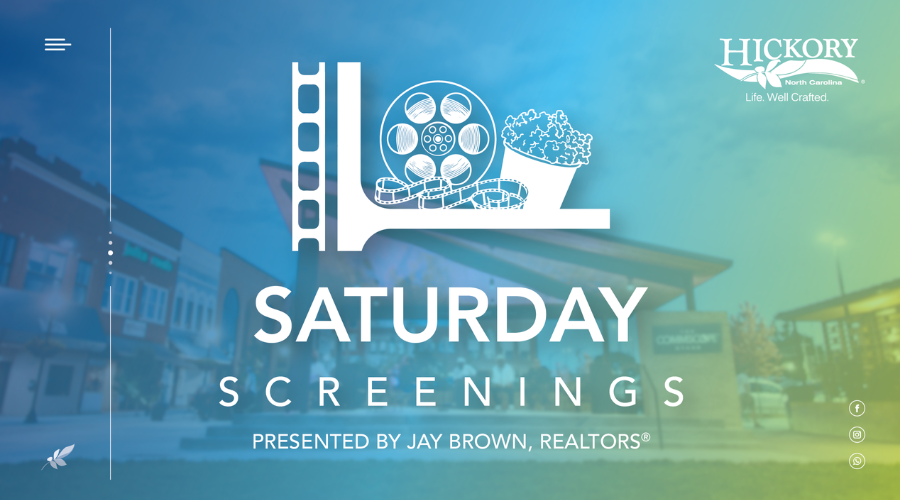 Saturday Screenings logo over a photo of downtown