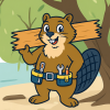 Chip, a cartoon beaver stands on a riverbank wearing a toolbelt and carrying a piece of wood